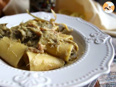 Pasta mit Artischocken und Speck, ein schmackhafter und leicht zuzubereitender erster Gang - foto 4